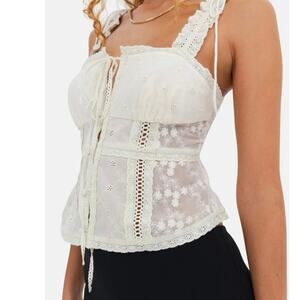 NWT For Love & Lemons Morgan L Ivory Tie Front Eyelet Coquette Cottagecore Top